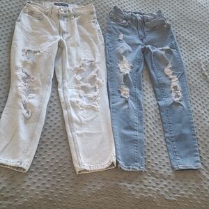 Stylish Distressed Women's Jeans Set - Cream and Blue